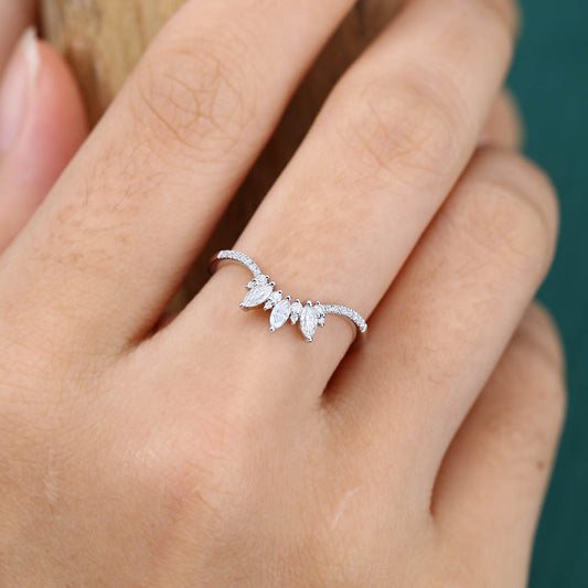 Pavé & Cluster Petite Moissanite Curved Wedding Band Bridal Stacking Ring