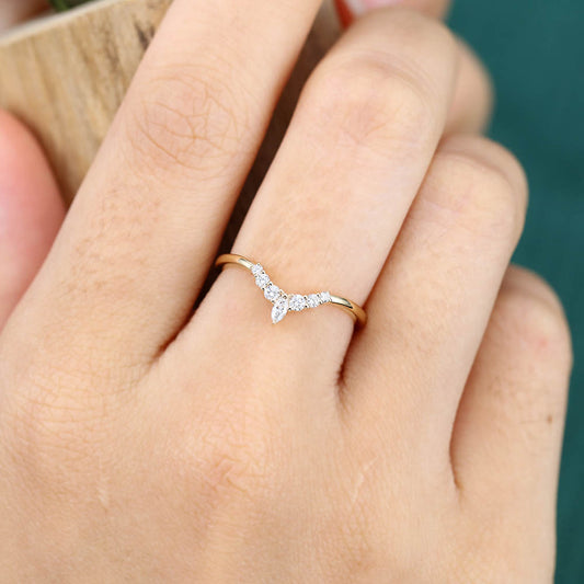 Marquise & Round Moissanite Curved Wedding Band Bridal Stacking Ring