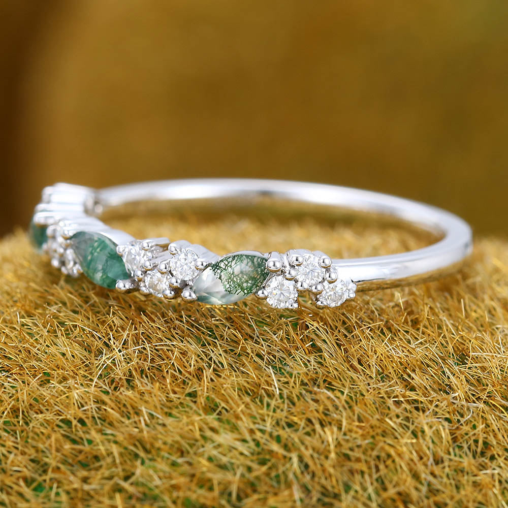 Marquise Moss Agate & Round Moissanite Cluster Wedding Band Stacking Anniversary Ring
