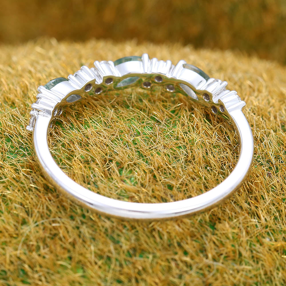 Marquise Moss Agate & Round Moissanite Cluster Wedding Band Stacking Anniversary Ring