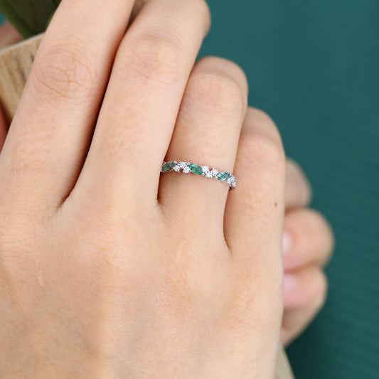 Marquise Moss Agate & Round Moissanite Cluster Wedding Band Stacking Anniversary Ring
