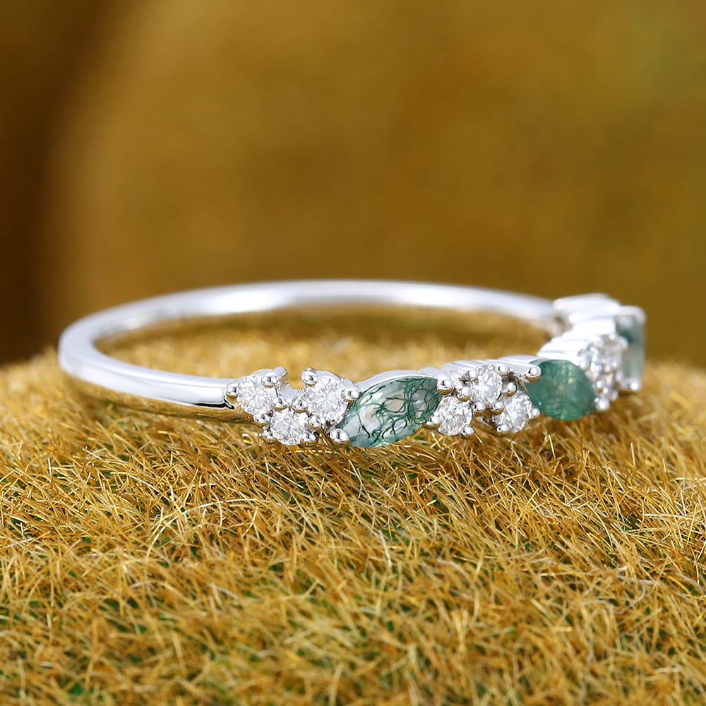 Marquise Moss Agate & Round Moissanite Cluster Wedding Band Stacking Anniversary Ring