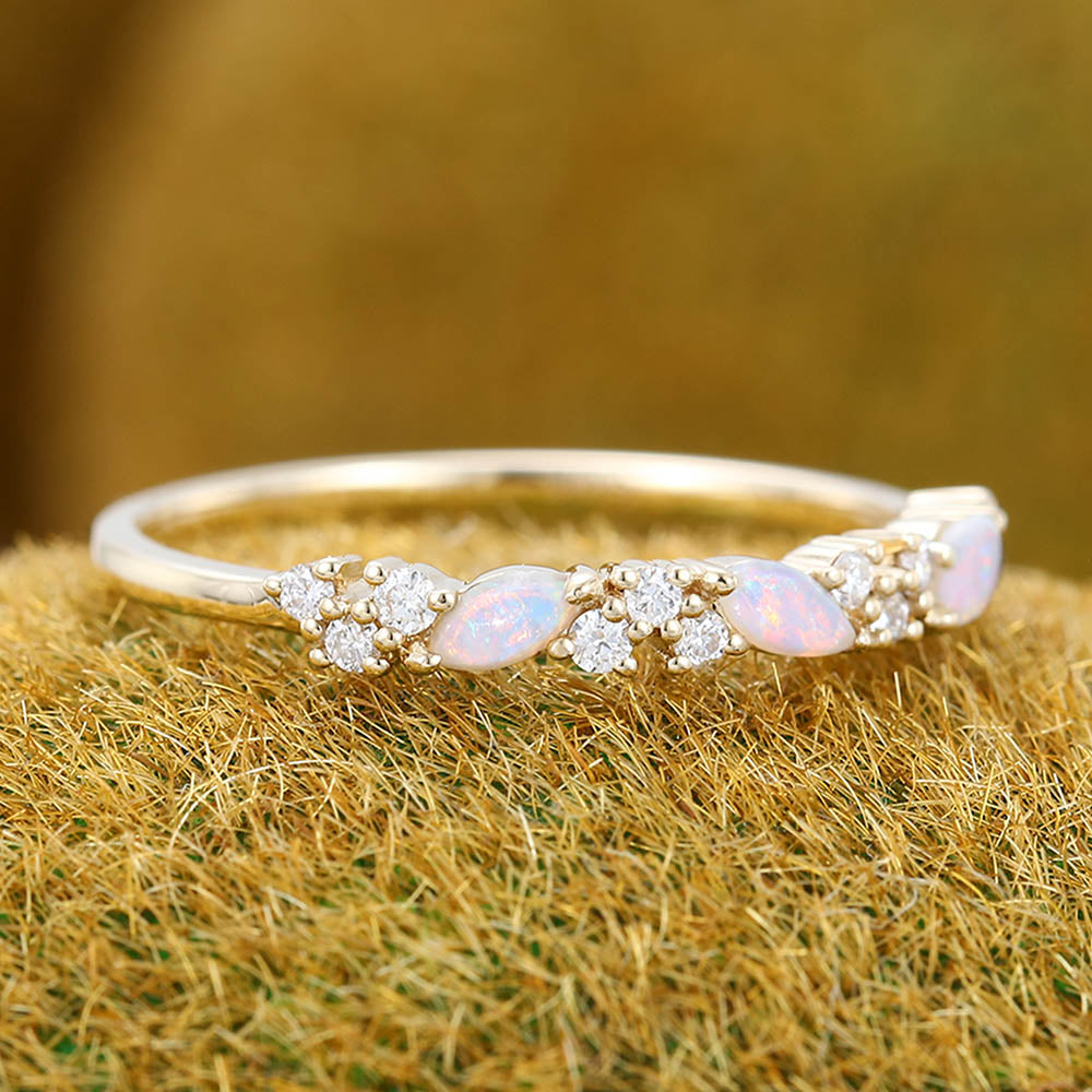 Marquise Opal & Round Moissanite Cluster Wedding Band Stacking Anniversary Ring