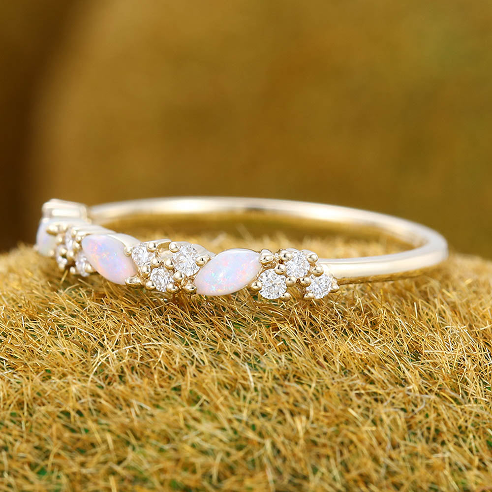 Marquise Opal & Round Moissanite Cluster Wedding Band Stacking Anniversary Ring