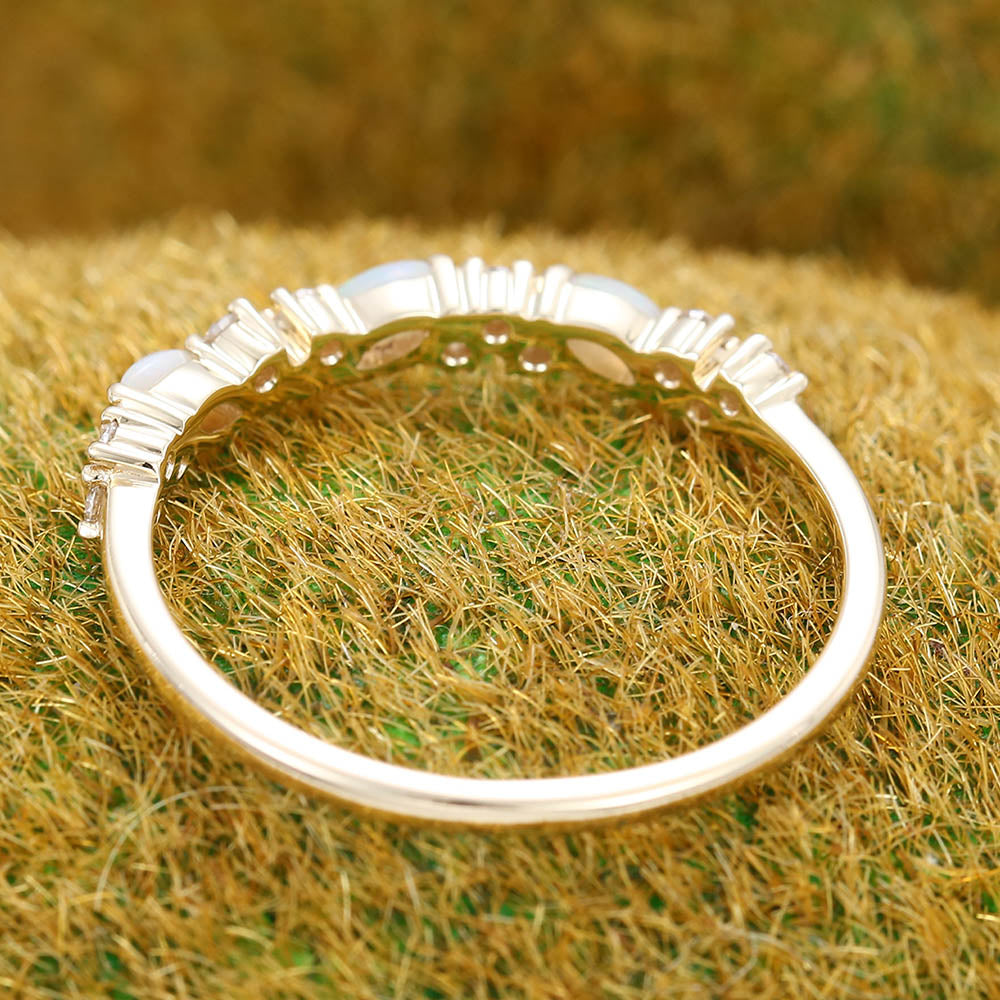 Marquise Opal & Round Moissanite Cluster Wedding Band Stacking Anniversary Ring