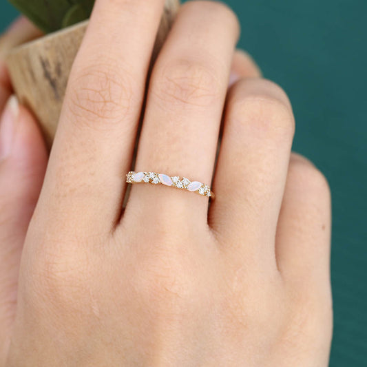 Marquise Opal & Round Moissanite Cluster Wedding Band Stacking Anniversary Ring