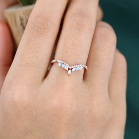 Pavé Petite Round Moissanite Wedding Band with Marquise Opal & Moissanite Cluster