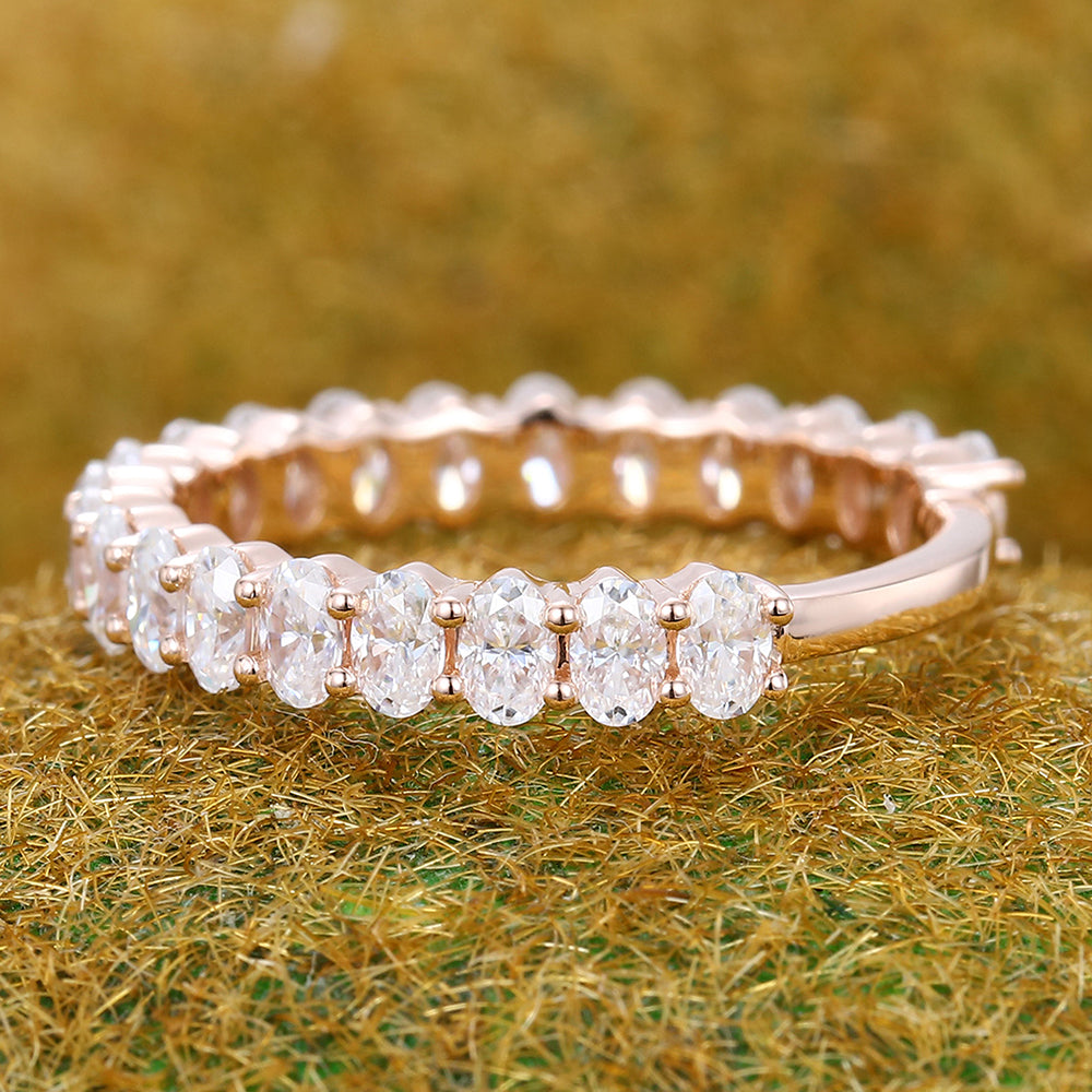 3/4 Eternity Oval Moissanite Wedding Band Stackable Bridal Ring