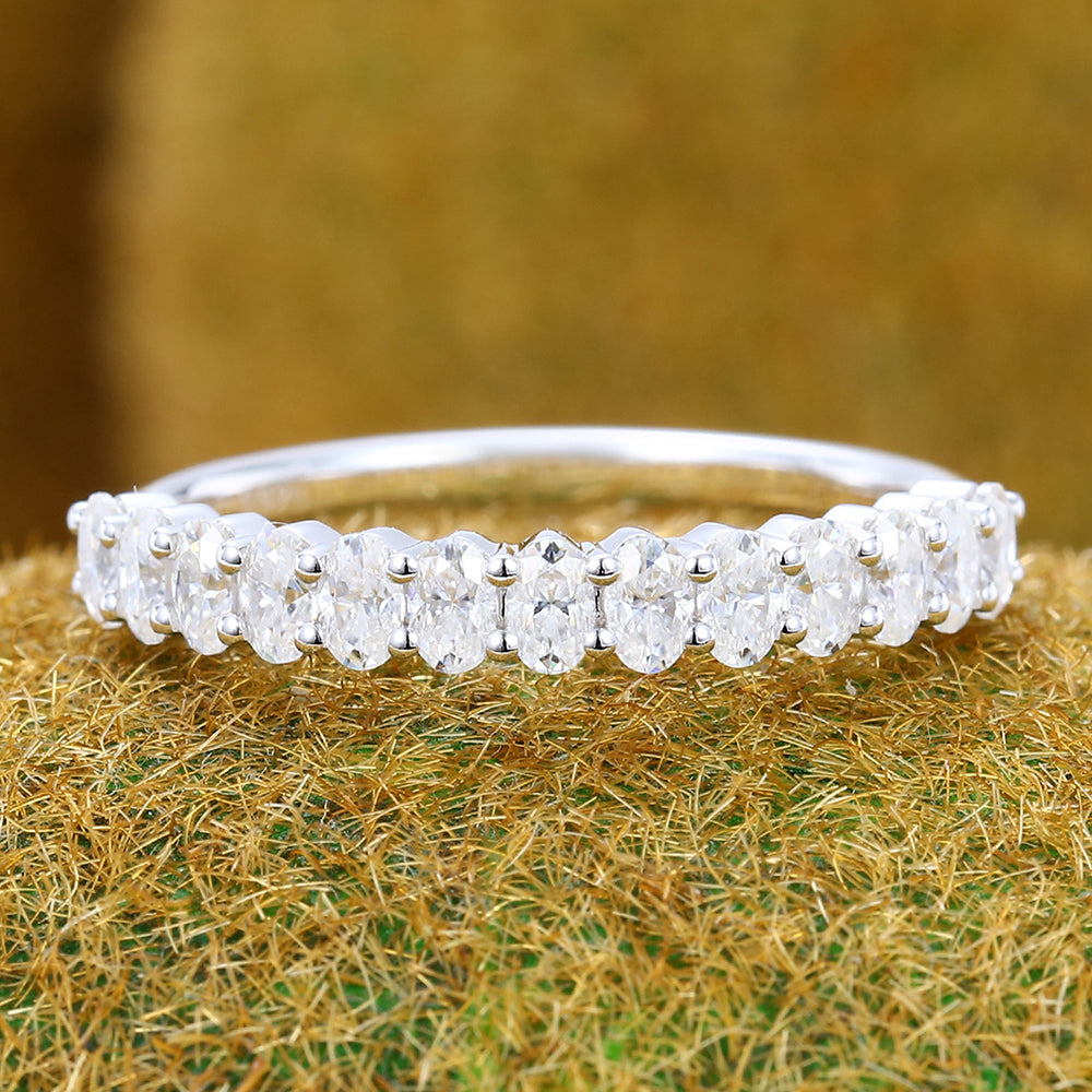 Petite Oval Moissanite Wedding Band Half Eternity Stackable Ring