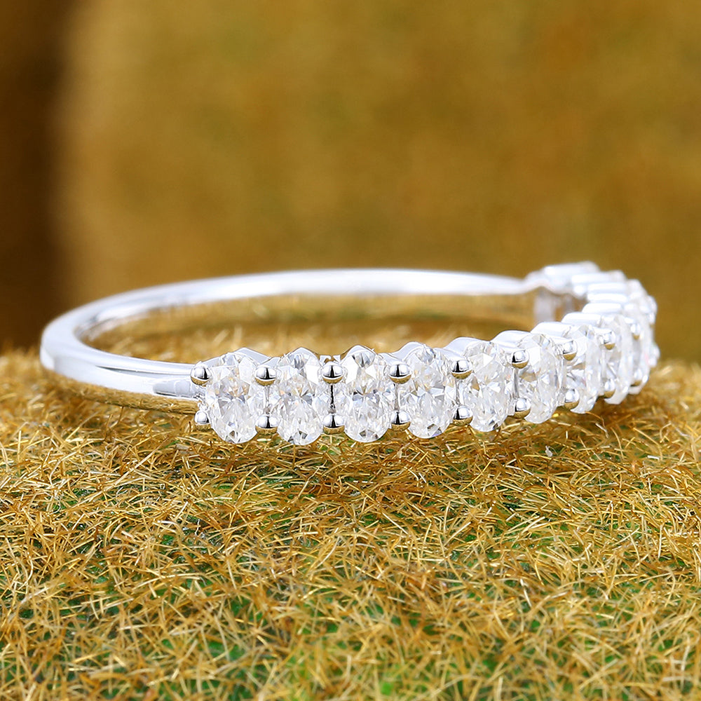 Petite Oval Moissanite Wedding Band Half Eternity Stackable Ring