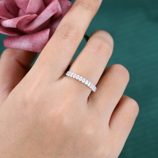 Petite Oval Moissanite Wedding Band Half Eternity Stackable Ring