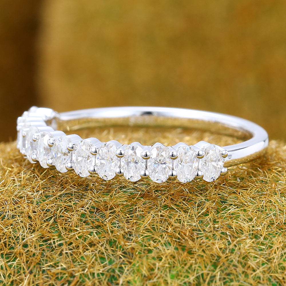Petite Oval Moissanite Wedding Band Half Eternity Stackable Ring