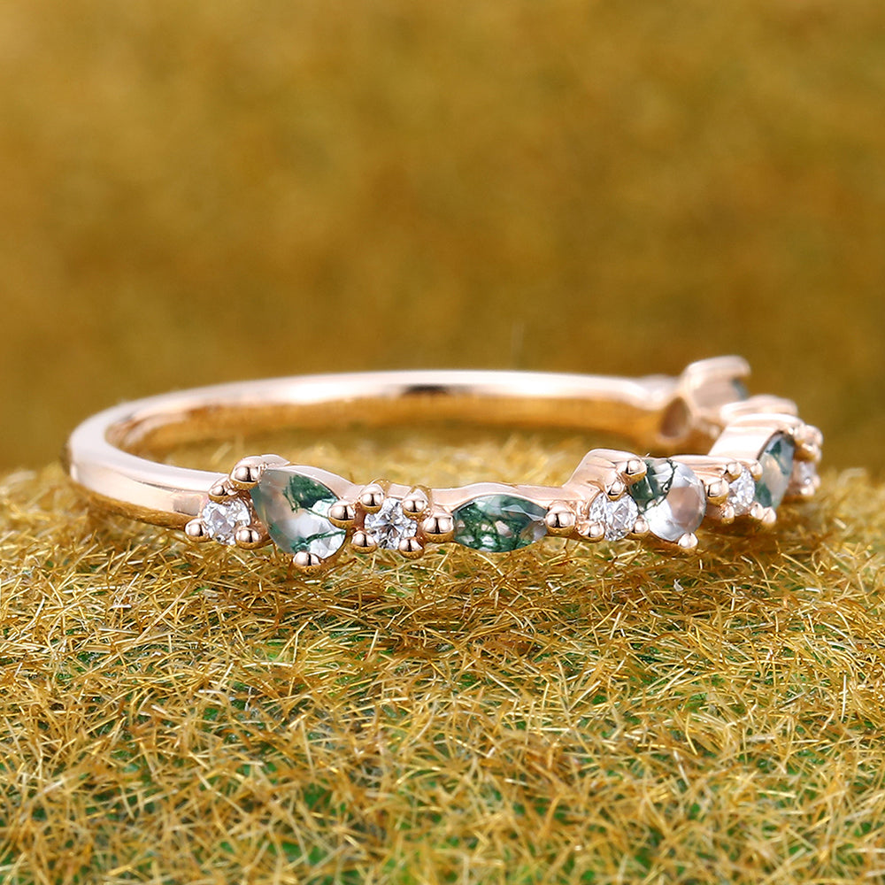 Moss Agate Wedding Band Half Eternity Matching Ring