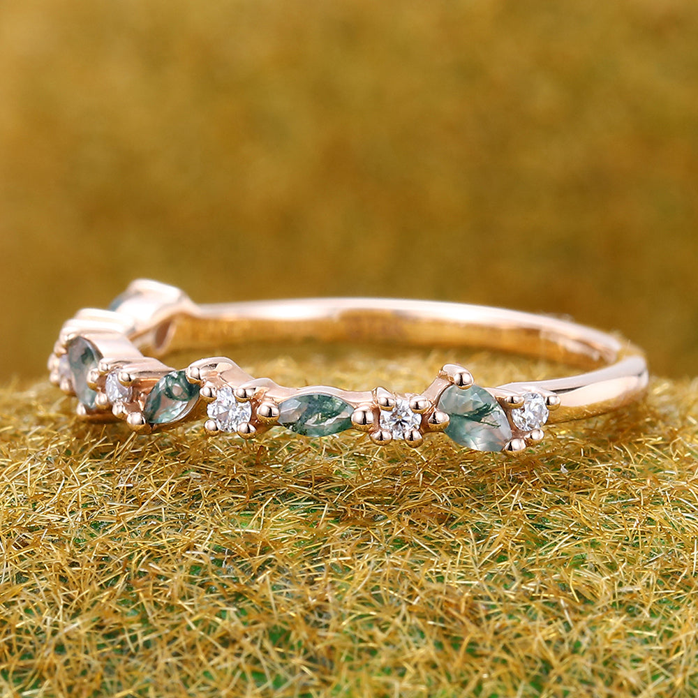 Moss Agate Wedding Band Half Eternity Matching Ring