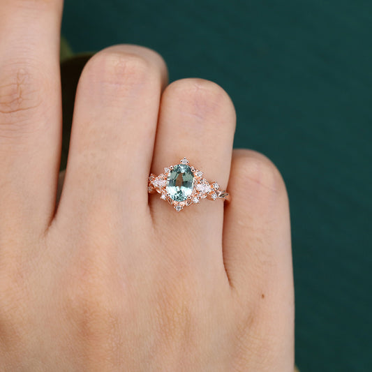 Oval Cut Green Sapphire Engagement Ring Nature Inspired Moissanite Cluster