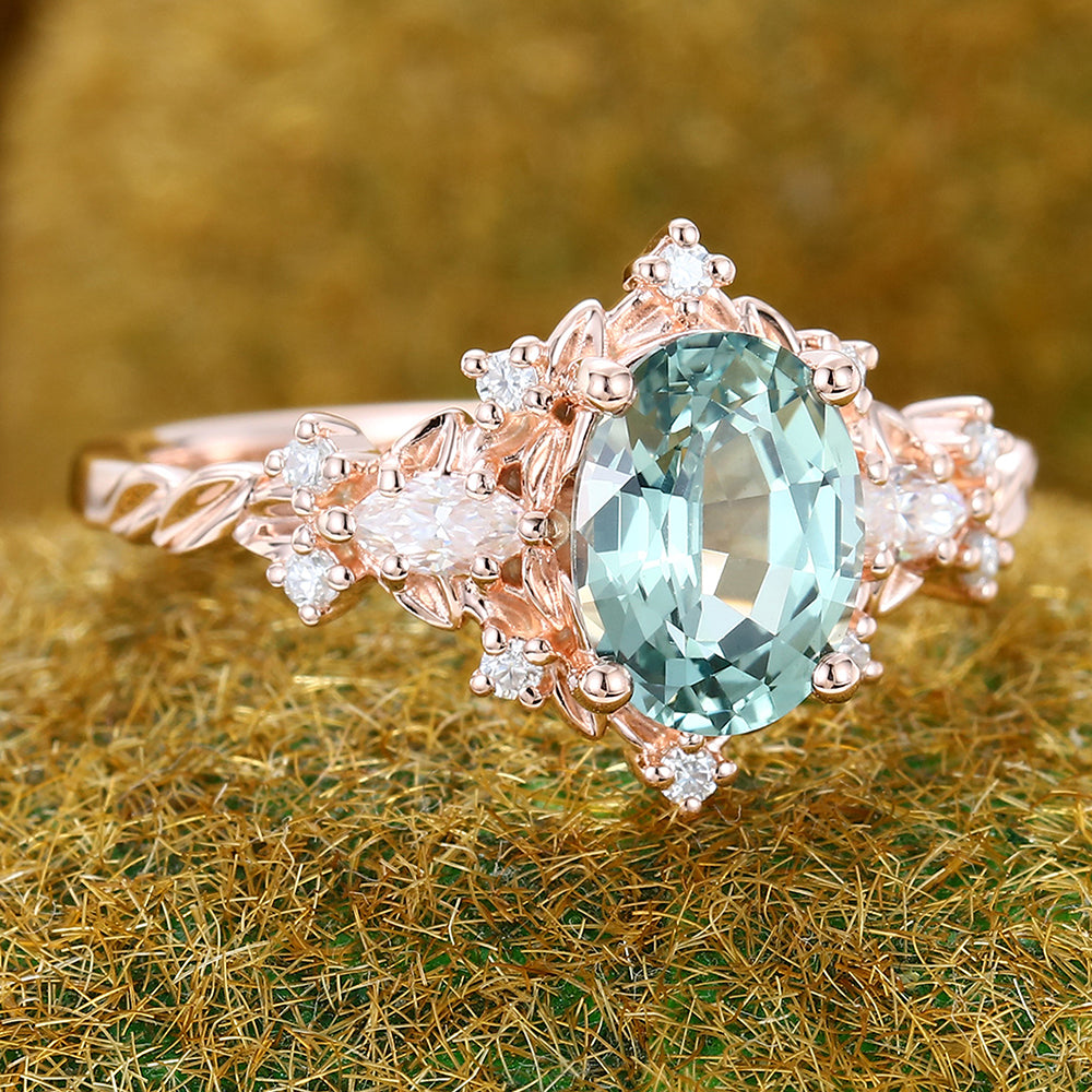 Oval Cut Green Sapphire Engagement Ring Nature Inspired Moissanite Cluster
