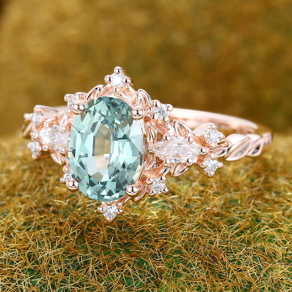 Oval Cut Green Sapphire Engagement Ring Nature Inspired Moissanite Cluster