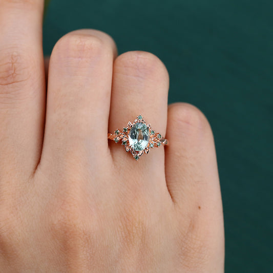 Oval Cut Green Sapphire Engagement Ring Unique Nature-Inspired Halo