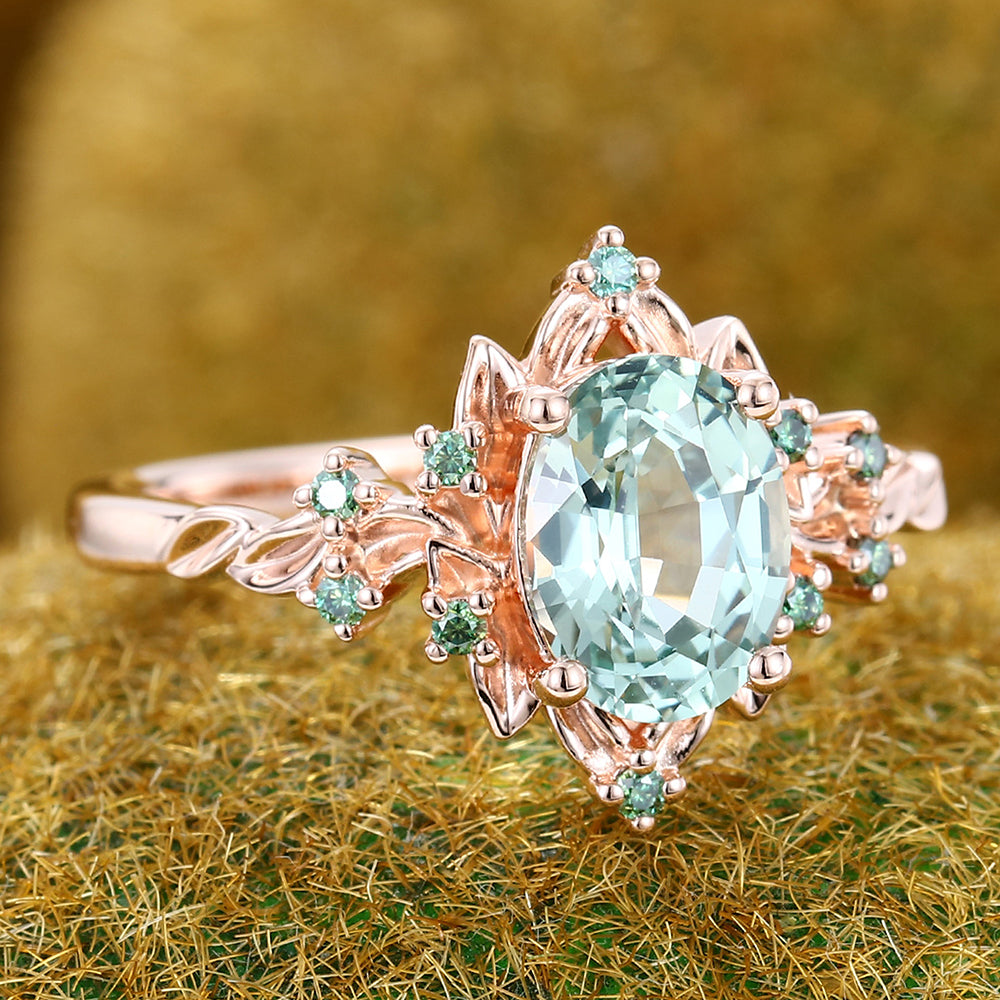 Oval Cut Green Sapphire Engagement Ring Unique Nature-Inspired Halo