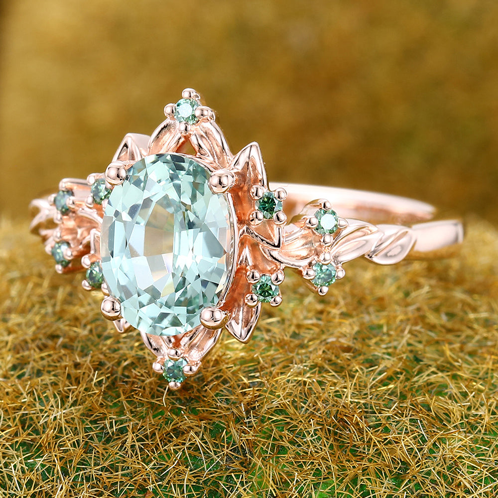 Oval Cut Green Sapphire Engagement Ring Unique Nature-Inspired Halo