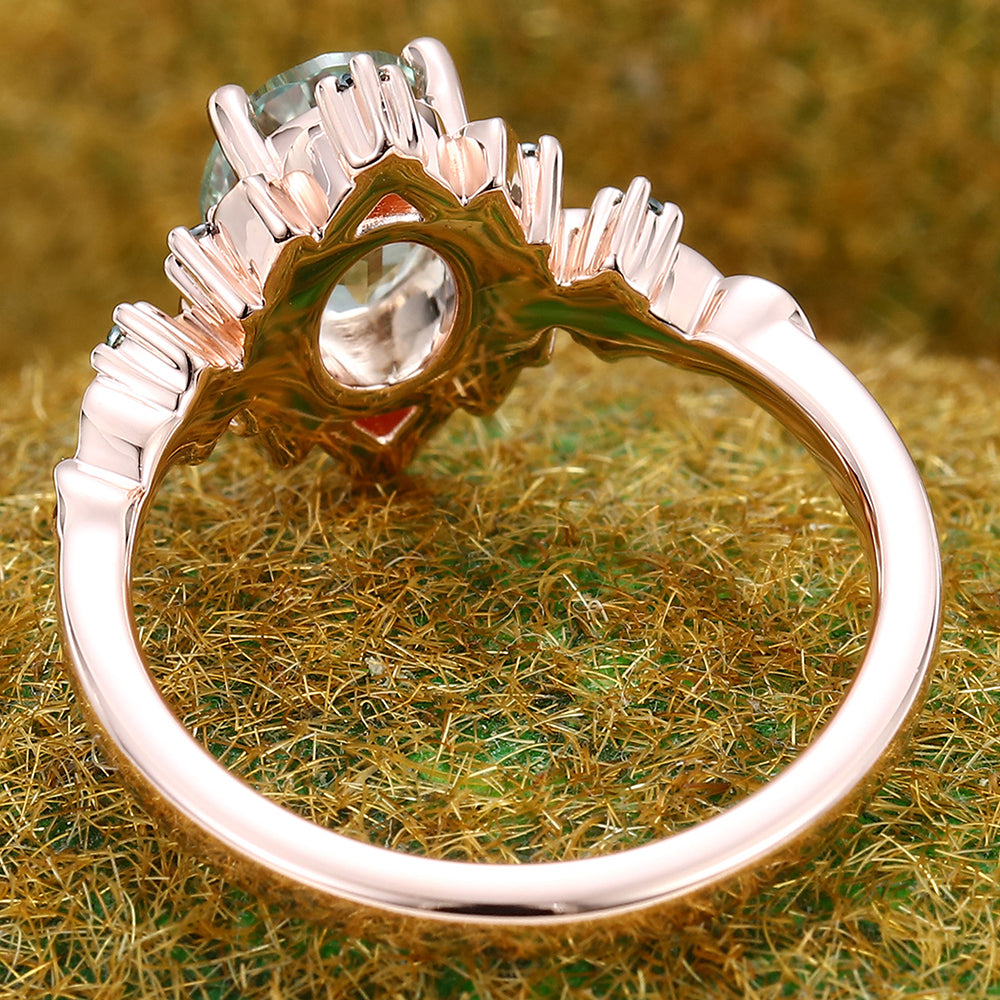Oval Cut Green Sapphire Engagement Ring Unique Nature-Inspired Halo