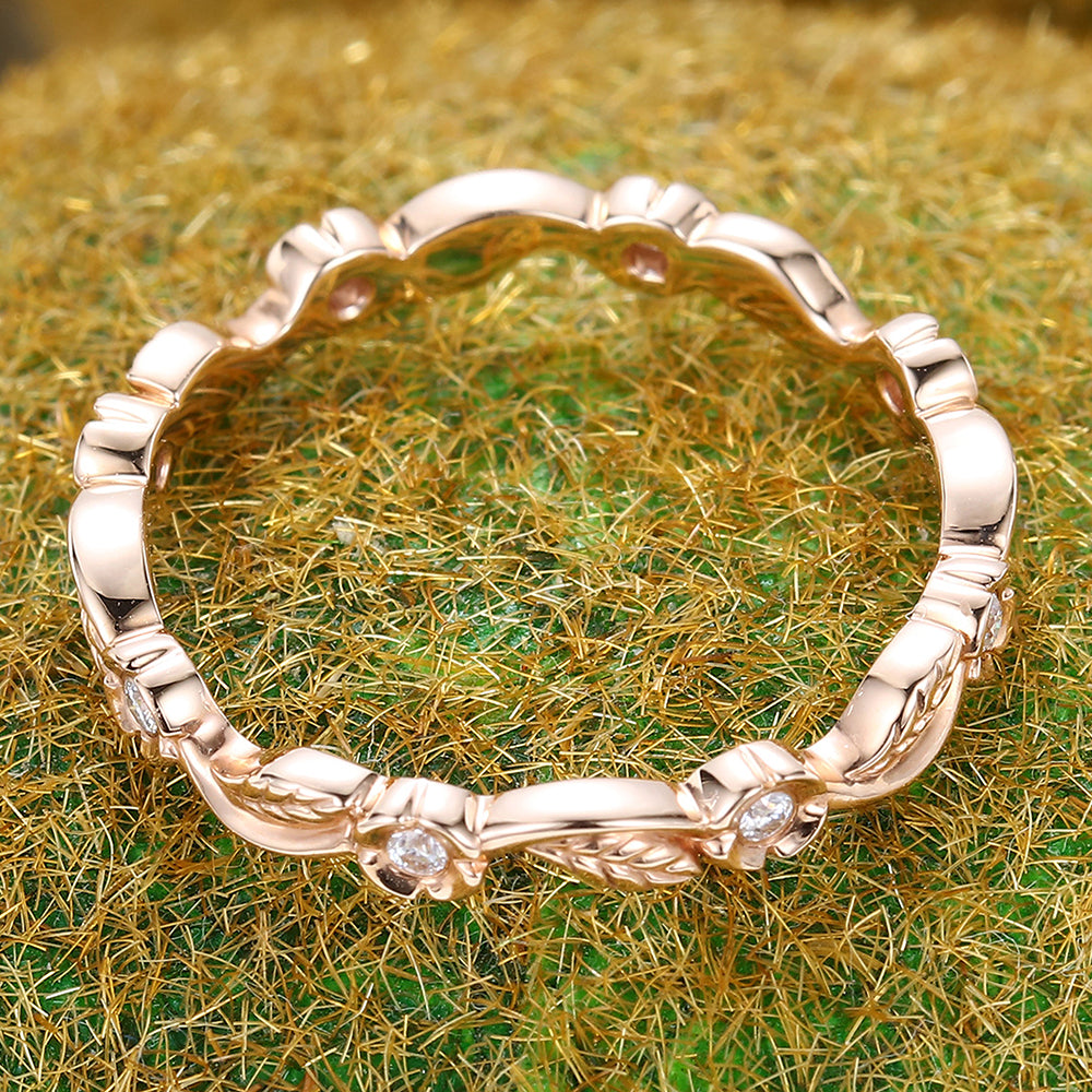 Nature Inspired Wedding Band Alternating Leaf & Moissanite Stackable Ring
