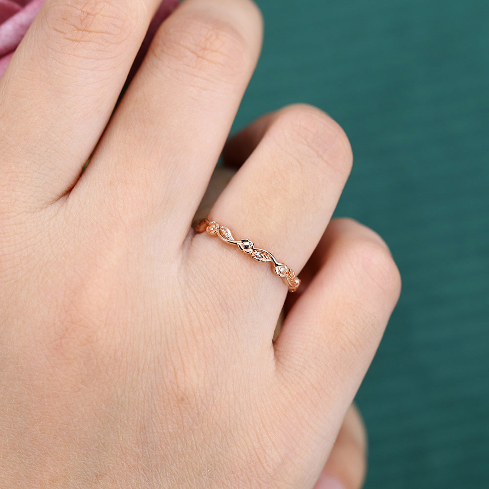 Nature Inspired Solid Wedding Band Leaf & Flower Ring