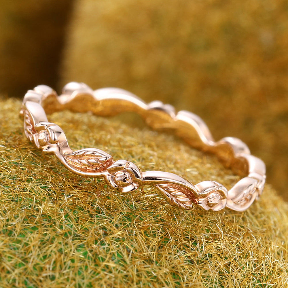 Nature Inspired Solid Wedding Band Leaf & Flower Ring