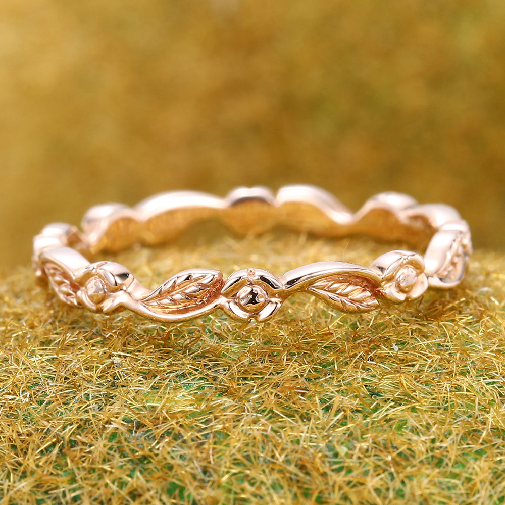 Nature Inspired Solid Wedding Band Leaf & Flower Ring