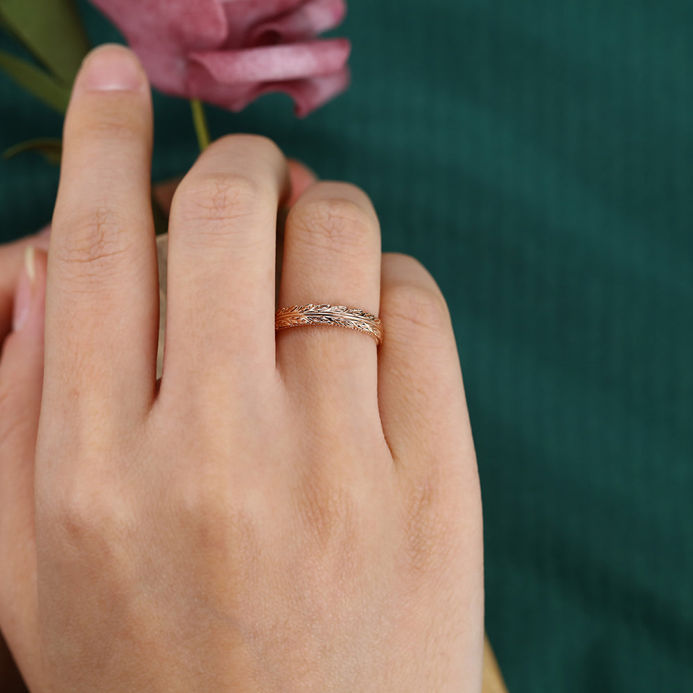Nature Inspired Solid Wedding Band Leaf Eternity Ring