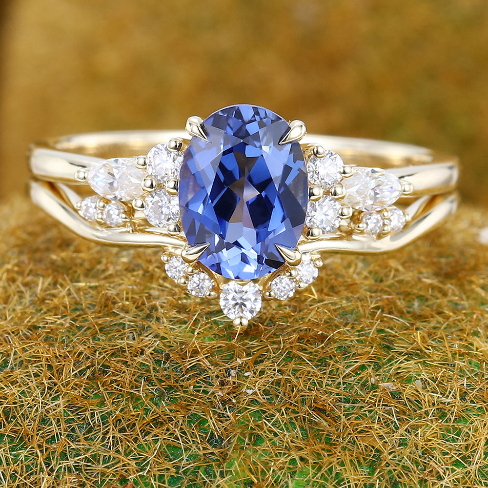 Oval Cut Cornflower Sapphire Engagement Ring Set 2PCS Bridal Ring Set
