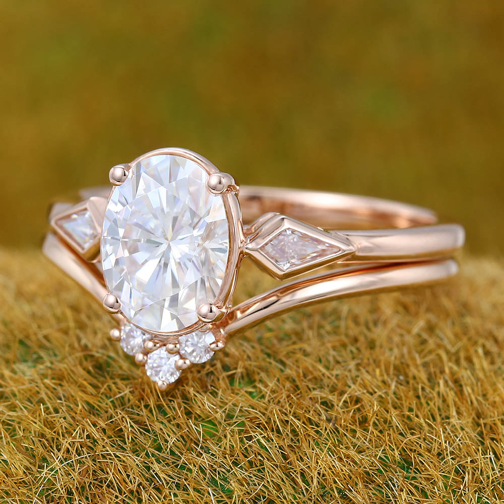 1.3CT Oval Cut Moissanite Engagement Ring Set with Petite Kite & Round Accents