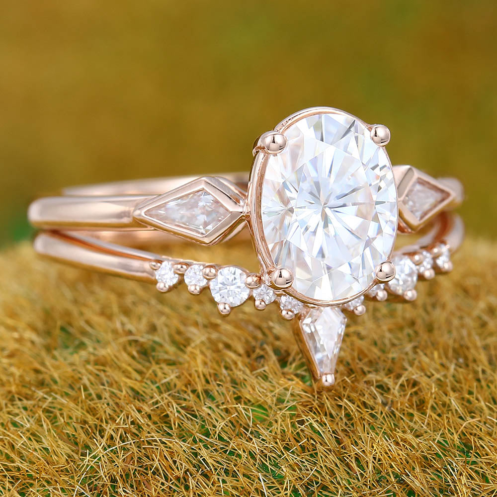 1.3CT Oval Cut Moissanite Engagement Ring Set with Petite Moissanite Accents
