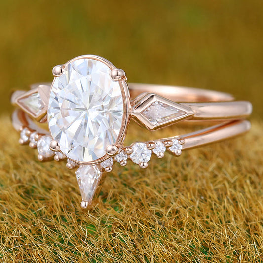 1.3CT Oval Cut Moissanite Engagement Ring Set with Petite Moissanite Accents