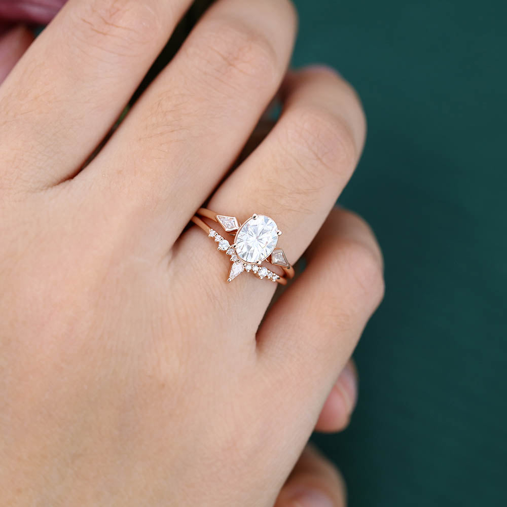 1.3CT Oval Cut Moissanite Engagement Ring Set with Petite Moissanite Accents