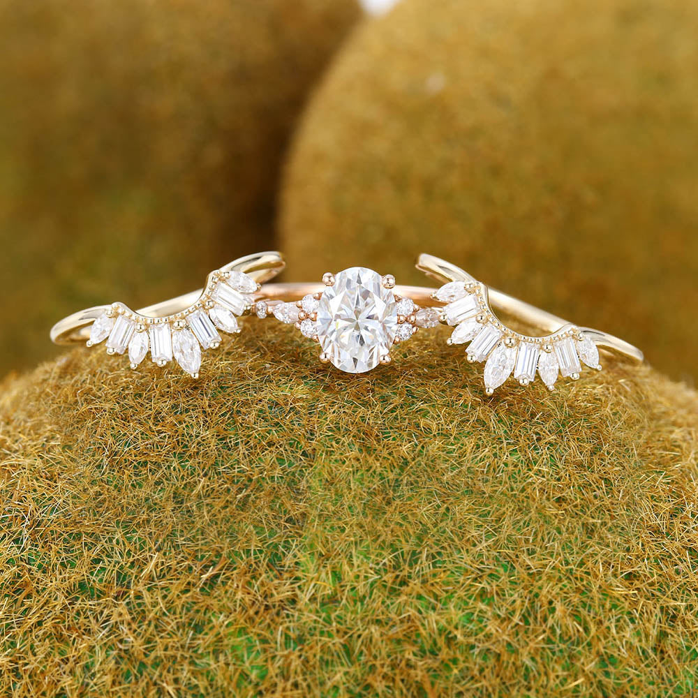 Oval Cut Moissanite Engagement Ring Set Art Deco 3PCS Bridal Ring Set