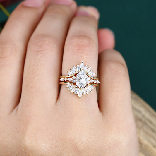 Oval Cut Moissanite Engagement Ring Set Art Deco 3PCS Bridal Ring Set