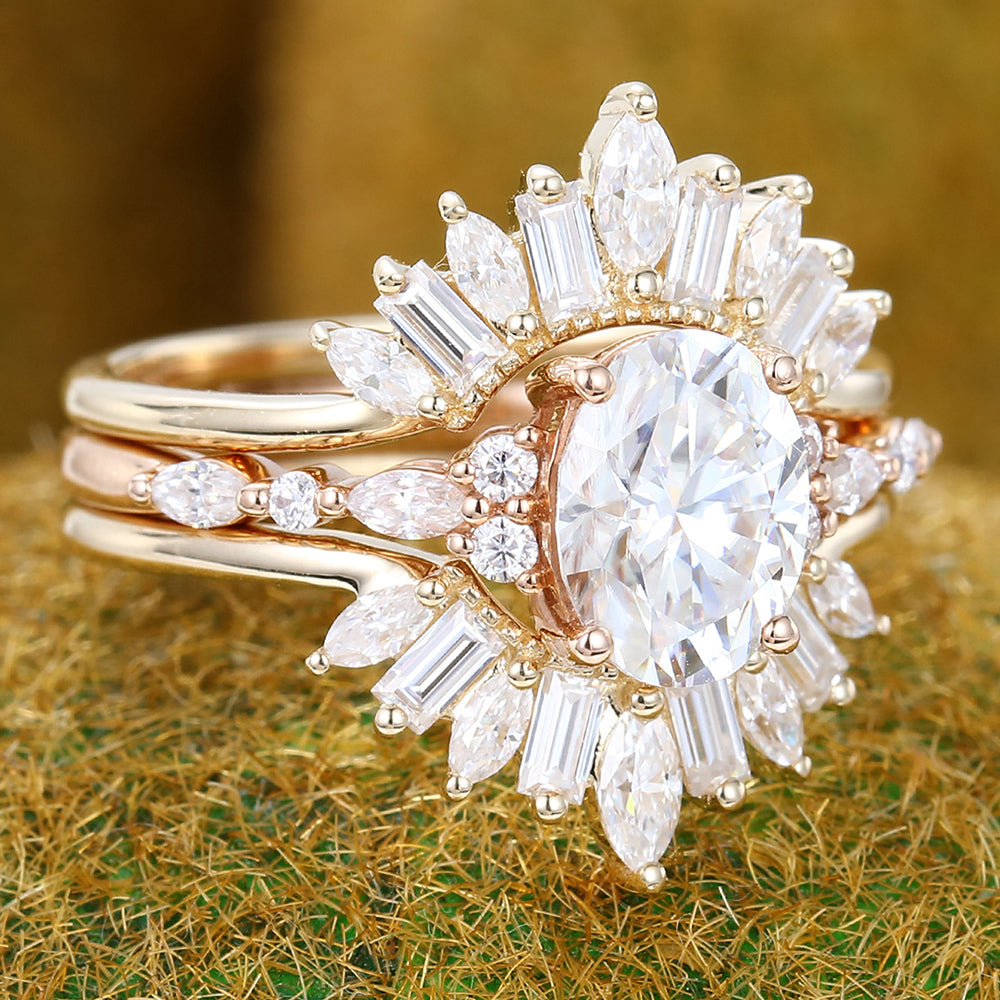 Oval Cut Moissanite Engagement Ring Set Art Deco 3PCS Bridal Ring Set