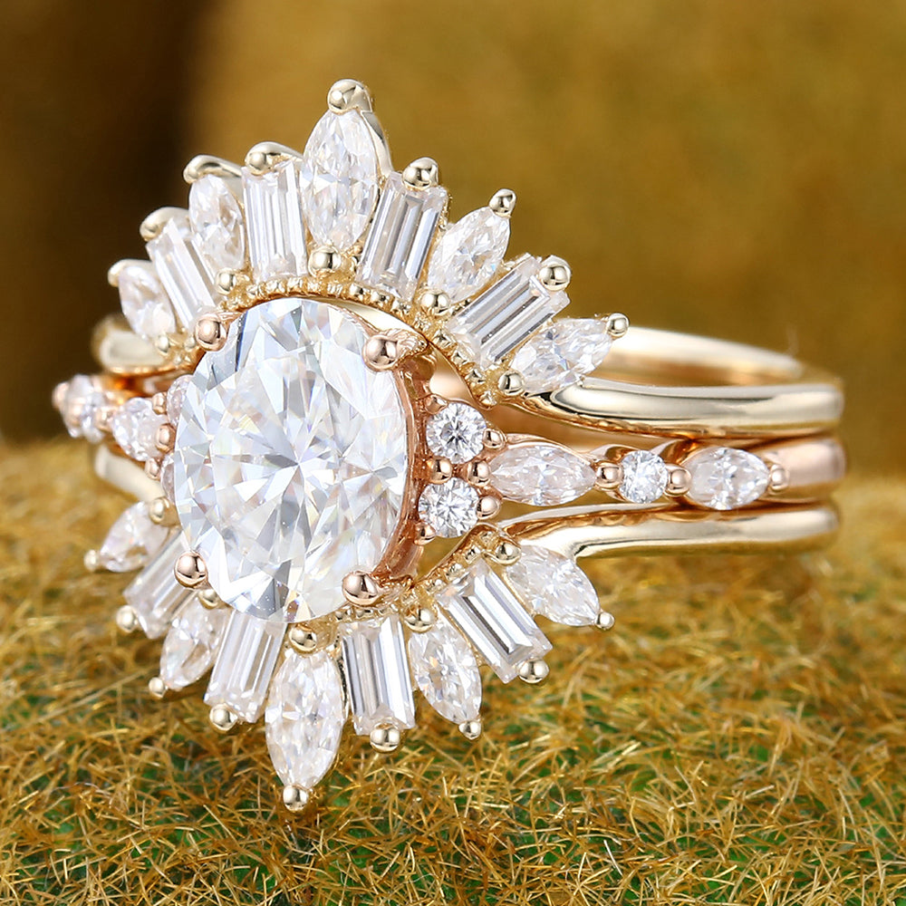 Oval Cut Moissanite Engagement Ring Set Art Deco 3PCS Bridal Ring Set