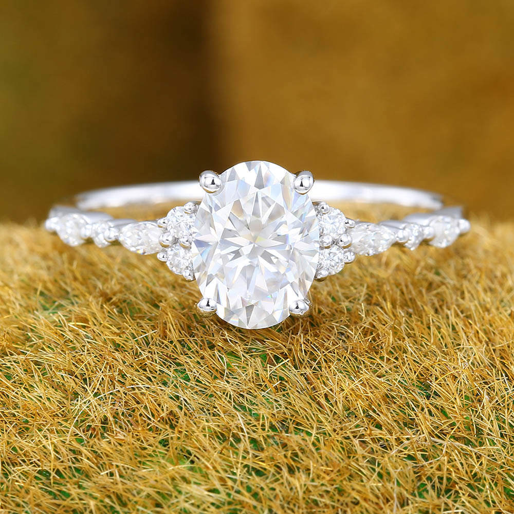 1.3CT Oval Cut Moissanite Engagement Ring with Cluster Accents
