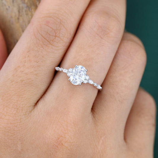 1.3CT Oval Cut Moissanite Engagement Ring with Cluster Accents
