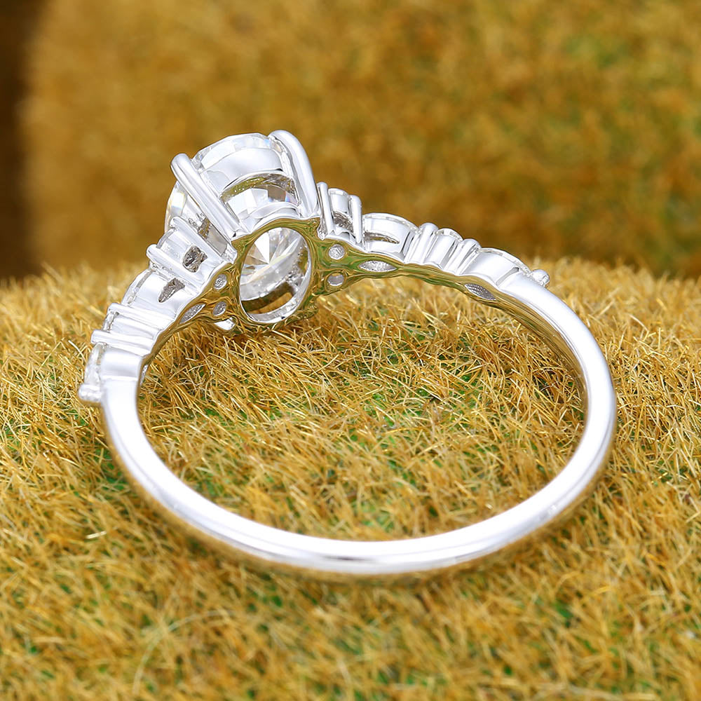 1.3CT Oval Cut Moissanite Engagement Ring with Cluster Accents
