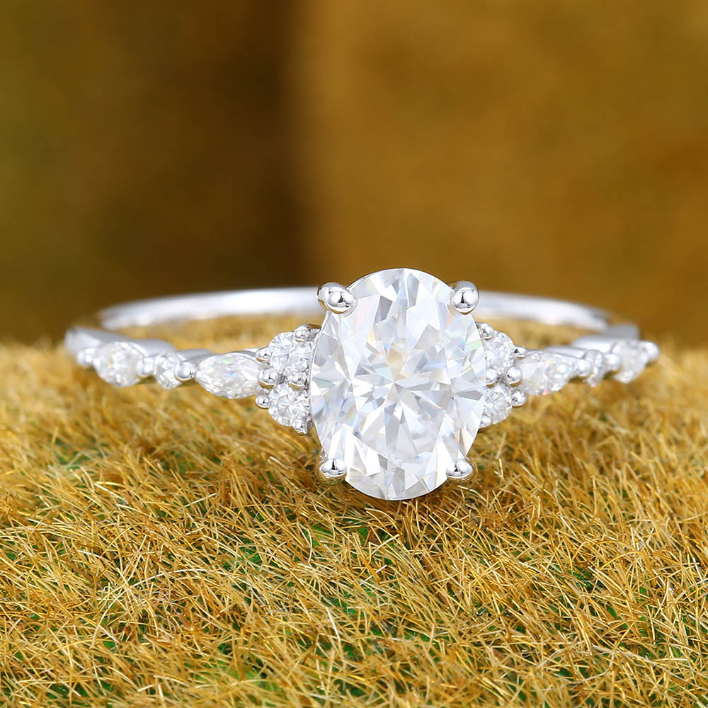 1.3CT Oval Cut Moissanite Engagement Ring with Cluster Accents