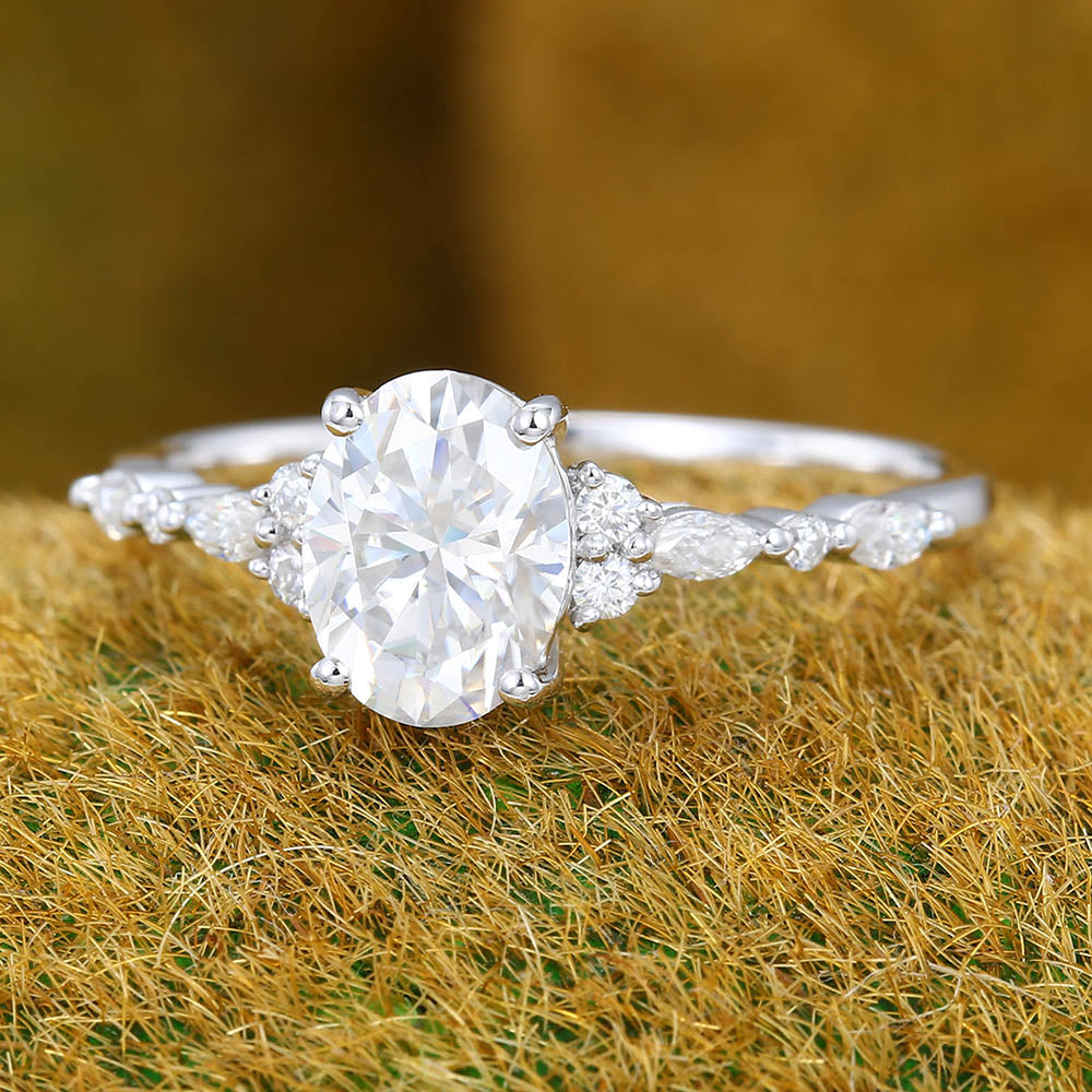 1.3CT Oval Cut Moissanite Engagement Ring with Cluster Accents