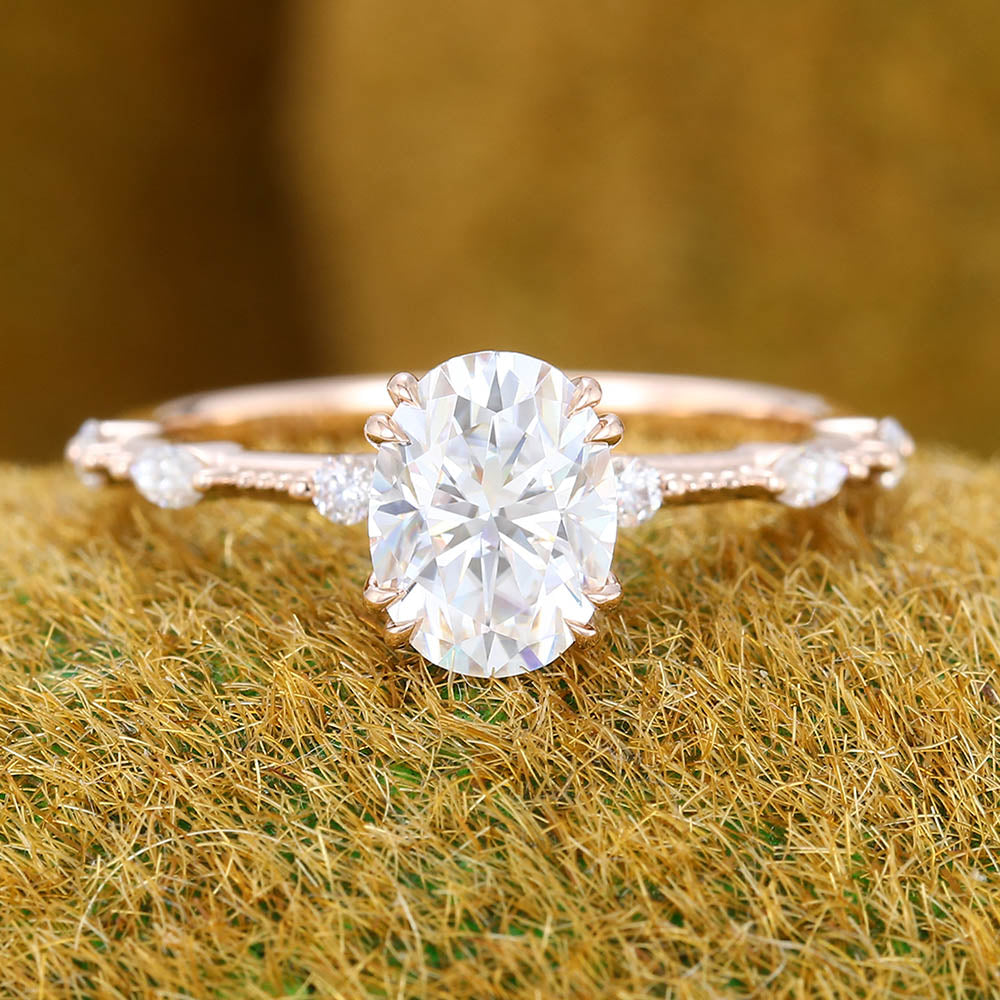 1.3CT Oval Cut Moissanite Engagement Ring with Petite Accents & Beaded Detailing