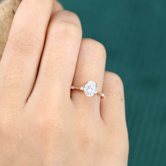1.3CT Oval Cut Moissanite Engagement Ring with Petite Accents & Beaded Detailing