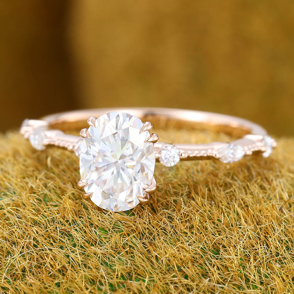 1.3CT Oval Cut Moissanite Engagement Ring with Petite Accents & Beaded Detailing