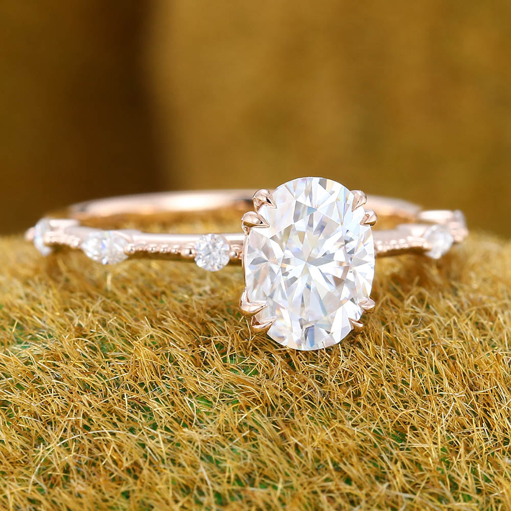 1.3CT Oval Cut Moissanite Engagement Ring with Petite Accents & Beaded Detailing