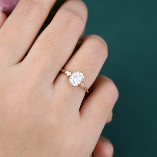 1.3CT Oval Cut Moissanite Engagement Ring with Bezel Kite Accent Stones