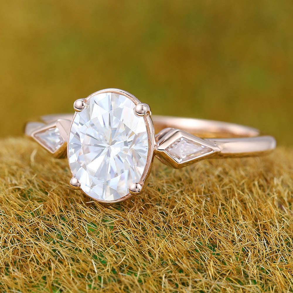 1.3CT Oval Cut Moissanite Engagement Ring with Bezel Kite Accent Stones